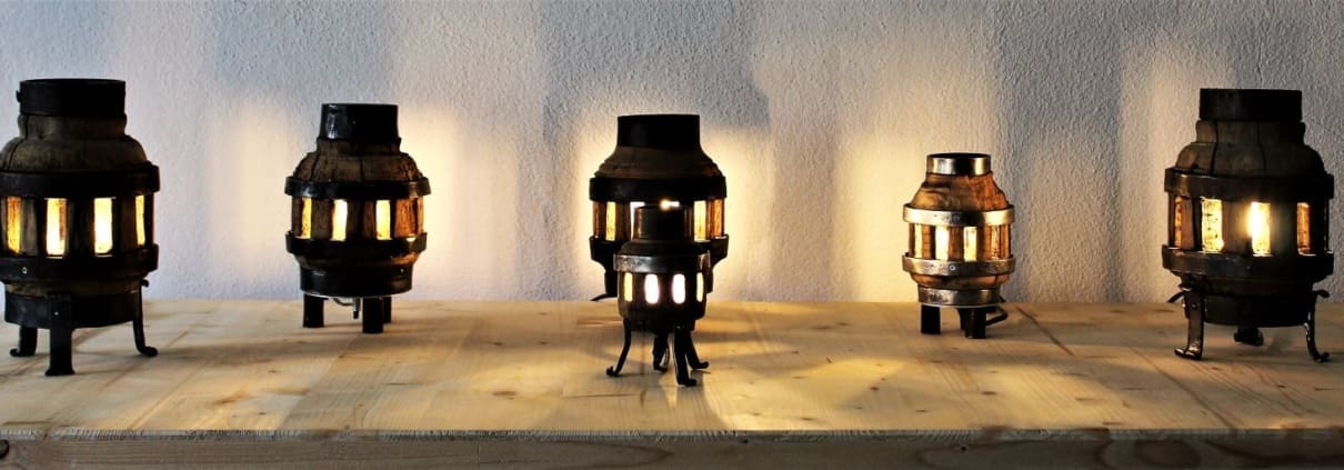 Die Nabenlichter werden auf Kundenwunsch hergestellt. Diverse Grössen. Als Tischlampen, Wandlampen etc.